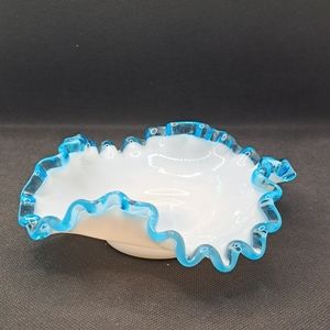 Vintage Fenton Aqua Crest Crimped Ruffel Bowl